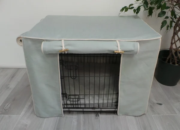 Made-to-measure personalised dog crate cover set in a beautiful Duck Egg blue fabric. - Image 3