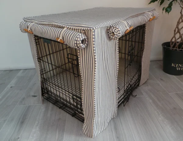 Made-to-measure personalised dog crate cover set in a beautiful Blue Cream fabric. - Image 4