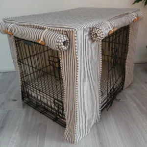 Made-to-measure personalised dog crate cover set in a beautiful Blue Cream fabric.