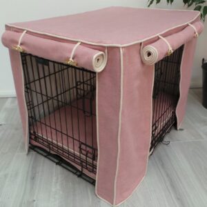 Made-to-measure personalised dog crate cover set in a beautiful Dusk Pink fabric.