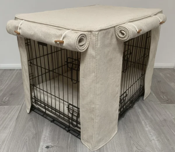 Made-to-measure personalised dog crate cover set in a beautiful timeless natural striped linen blendfabric. - Image 4