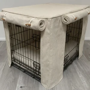 Made-to-measure personalised dog crate cover set in a beautiful timeless natural striped linen blendfabric.