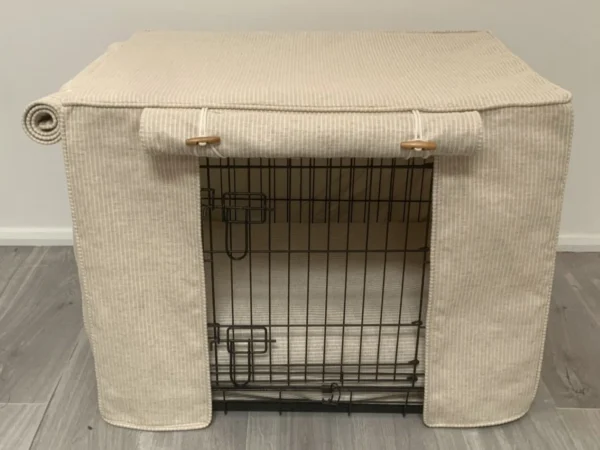 Made-to-measure personalised dog crate cover set in a beautiful timeless natural striped linen blendfabric. - Image 5